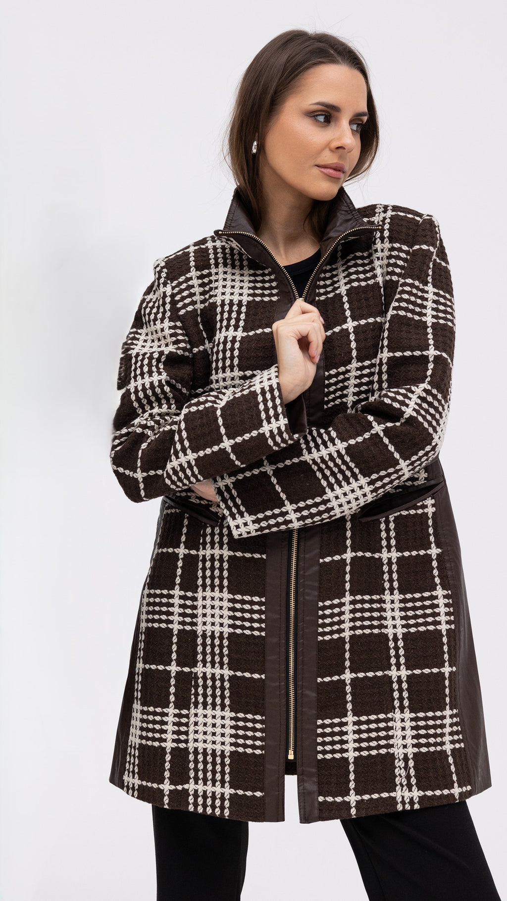 Plaid Leather Jacket - Brown