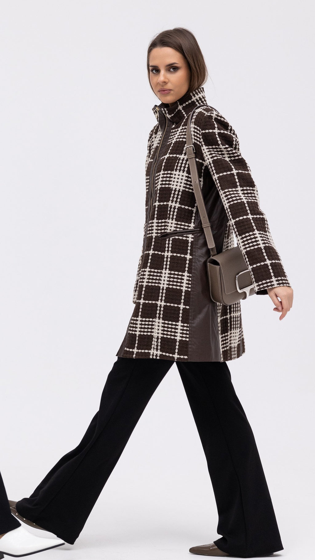 Plaid Leather Jacket - Brown